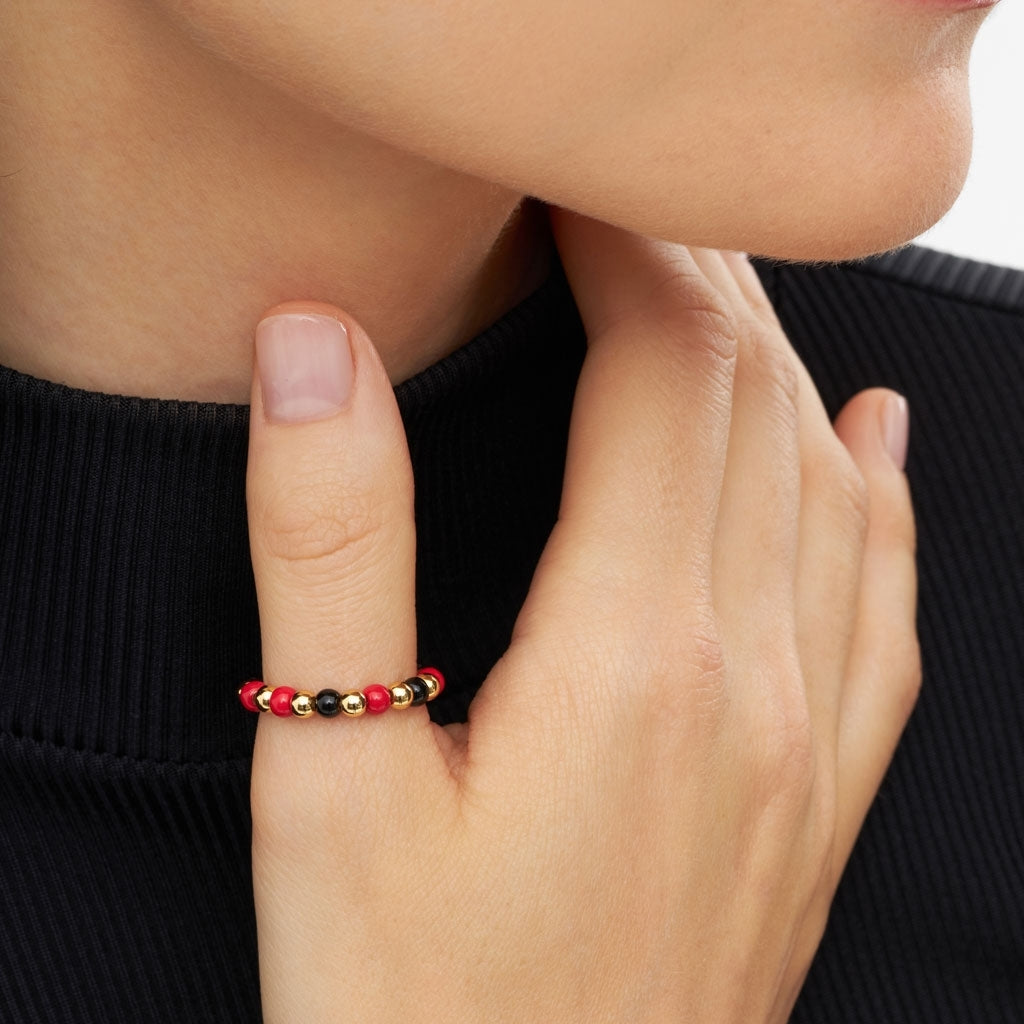 LULU Copenhagen Color Ball Beads Ring Rings Hot Coral/Black/Gold Plated